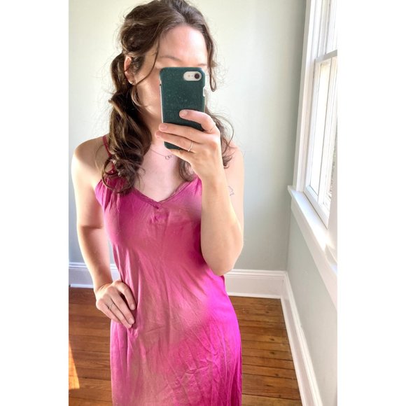 Vintage 90s Hot Pink Fuschia Irridescent Silk Midi Sleeveless Slip Dress S/M - Picture 3 of 10